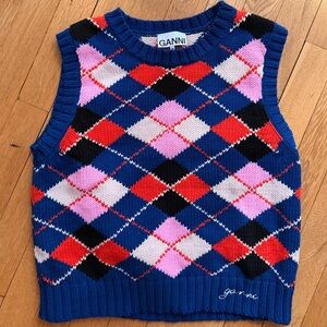 Ganni Blue Argyle Knit Sleeveless Vest with Pink Red Black Diamonds